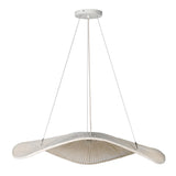 Neutral woven pendant light suspended from ceiling