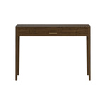 One drawer brown console table in brown stained solid oak and oak veneer, curved front, curved legs, cut lines, visible grain, metal runners on drawers and bronze style bar handle