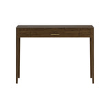 One drawer brown console table in brown stained solid oak and oak veneer, curved front, curved legs, cut lines, visible grain, metal runners on drawers and bronze style bar handle