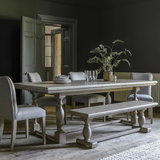 Bring refined charm and practical function to your dining space with the Oakridge Extendable Pine Dining Table. Crafted from solid pine wood with a weathered grey finish, this table effortlessly blends rustic elegance with modern sophistication. Its robust trestle base and expertly turned legs create a statement piece that anchors any room, while the smooth extendable mechanism transforms intimate dinners into grand gatherings with ease.
Perfect for family meals, festive celebrations, or stylish entertaini