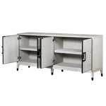 The Pasadena white oaks sideboard features four doors and is crafted from premium oak and oak veneer and finished in an off white with a square pattern detail.
 Its shelves are both adjustable and removable, providing versatility and convenience. 