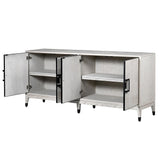 The Pasadena white oaks sideboard features four doors and is crafted from premium oak and oak veneer and finished in an off white with a square pattern detail.
 Its shelves are both adjustable and removable, providing versatility and convenience. 