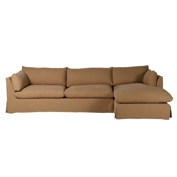 Indulge in the timeless elegance of the Portland Loose slip Cover Sectional Corner Sofa, featuring luxurious linen look upholstery in a warm brown. Featuring a loose cover design that exudes sophistication.