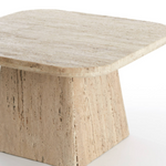 Angled view of natural travertine coffee table