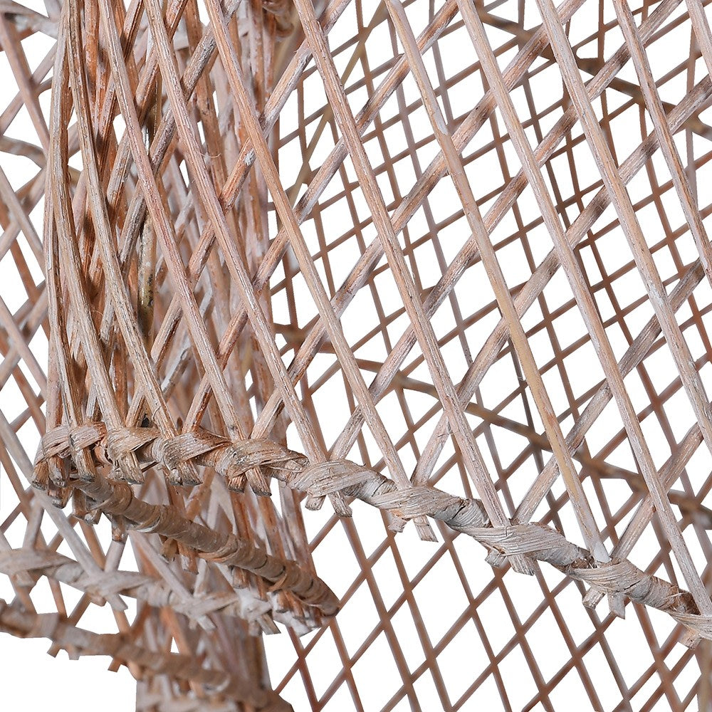 White wash rattan wave pendant lampshade with handwoven open-weave design, bohemian and coastal style light fixture close up of weave