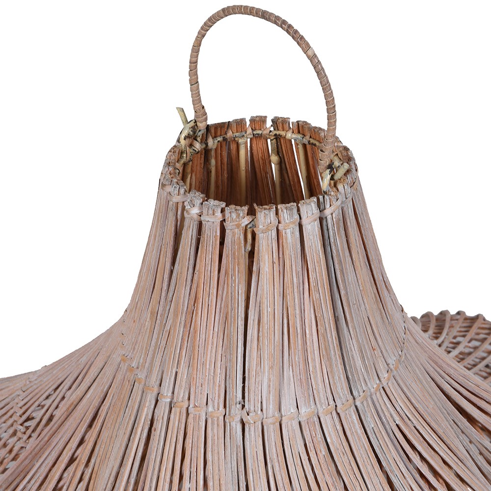 White wash rattan wave pendant lampshade with handwoven open-weave design, bohemian and coastal style light fixture close up of fitting