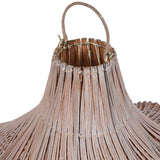 White wash rattan wave pendant lampshade with handwoven open-weave design, bohemian and coastal style light fixture close up of fitting