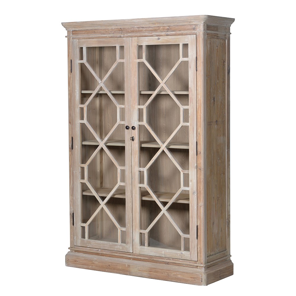 A double-fronted reclaimed pine cabinet with glazed doors and fretwork design.