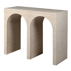 Roma travertine effect console table with double arch design, angled view