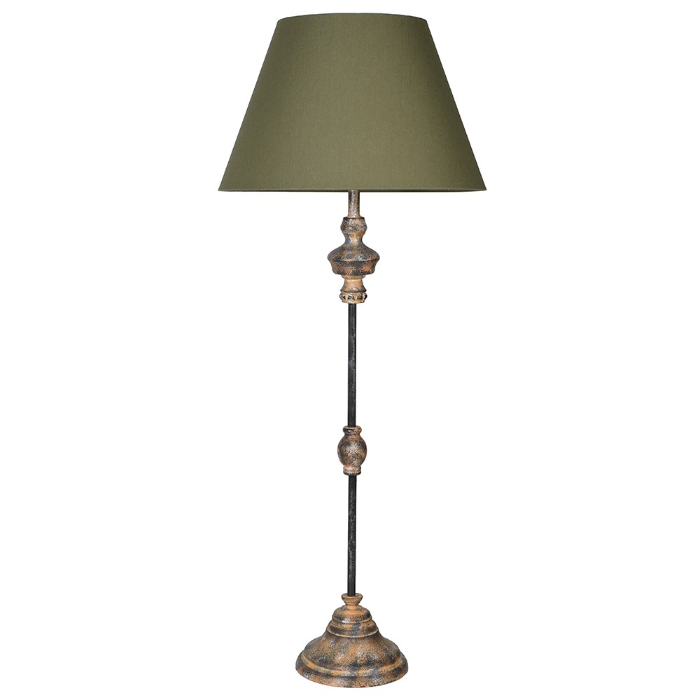 Elevate your room décor with this rustic bedside table lamp, featuring a classic antique-style metal base and a soft green fabric lampshade. Perfectly suited for traditional or farmhouse interiors, this vintage-inspired table lamp offers warm, ambient lighting ideal for reading or relaxing at night. The elegant turned base in a weathered bronze finish adds timeless charm, while the muted green shade complements a variety of colour palettes. Whether placed on a nightstand or side table, this bedside lig