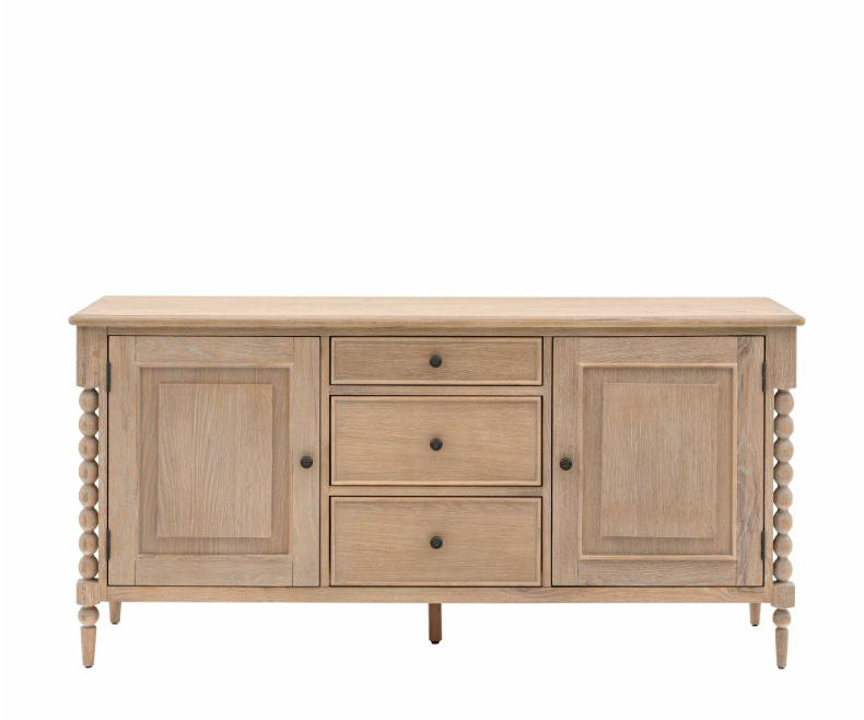 Rustic oak sideboard with bobbin legs and lime wash finish