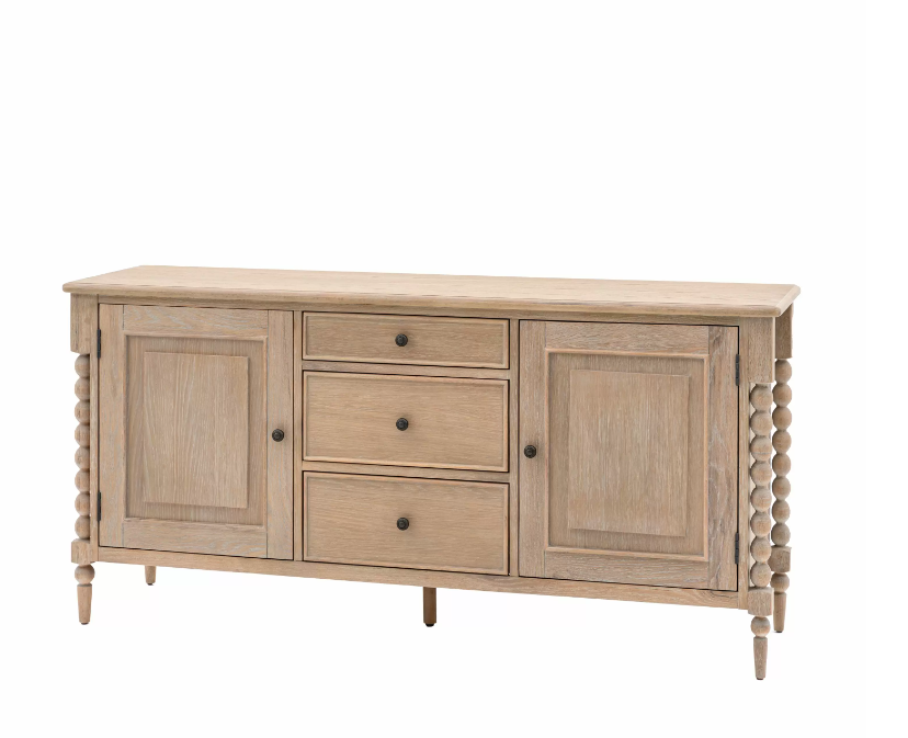 Rustic oak sideboard with bobbin legs and lime wash finish