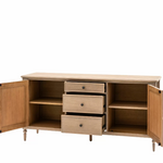 Open oak sideboard showing internal shelves and drawers