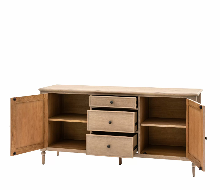 Open oak sideboard showing internal shelves and drawers