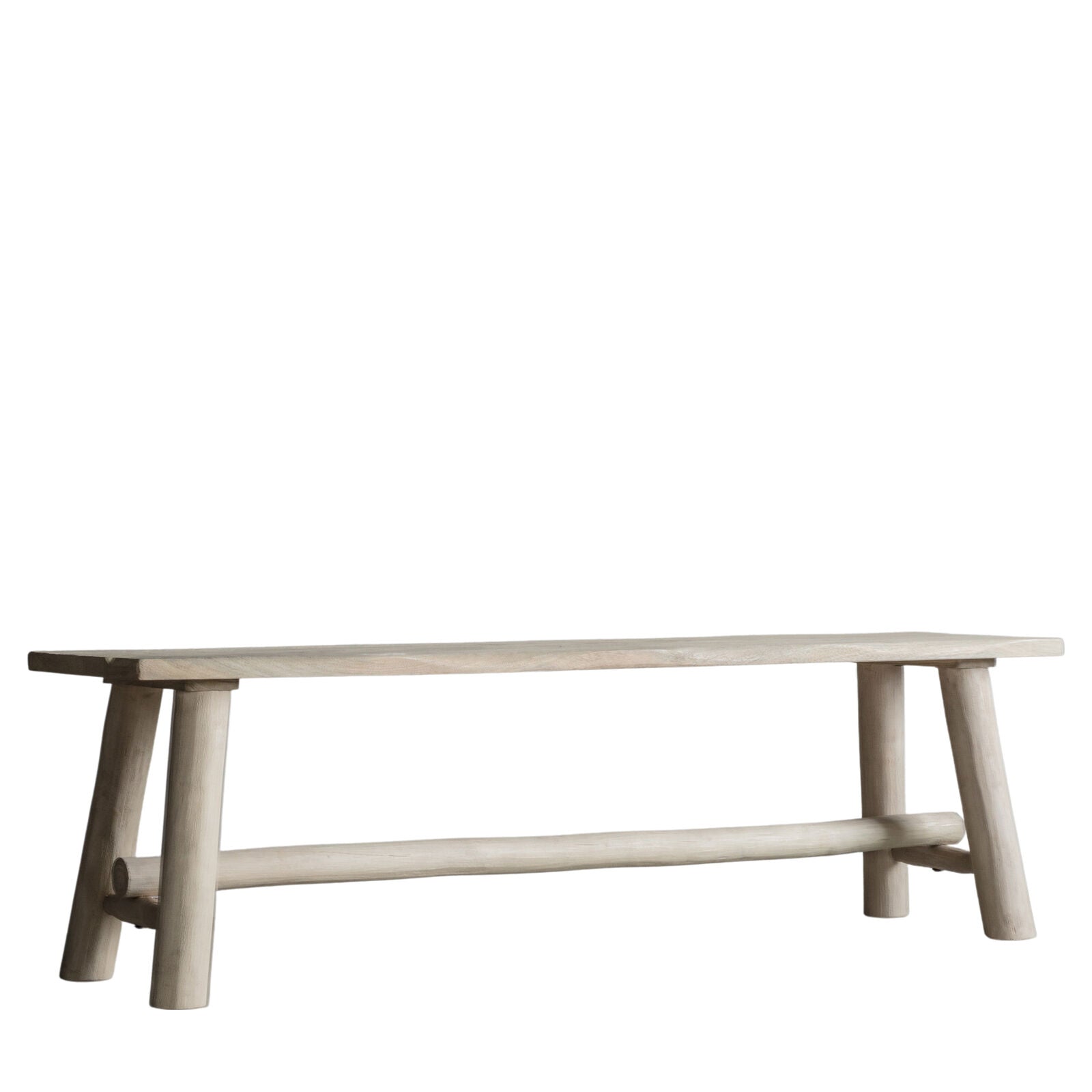 Rustic solid wood farmhouse bench with natural finish and round legs