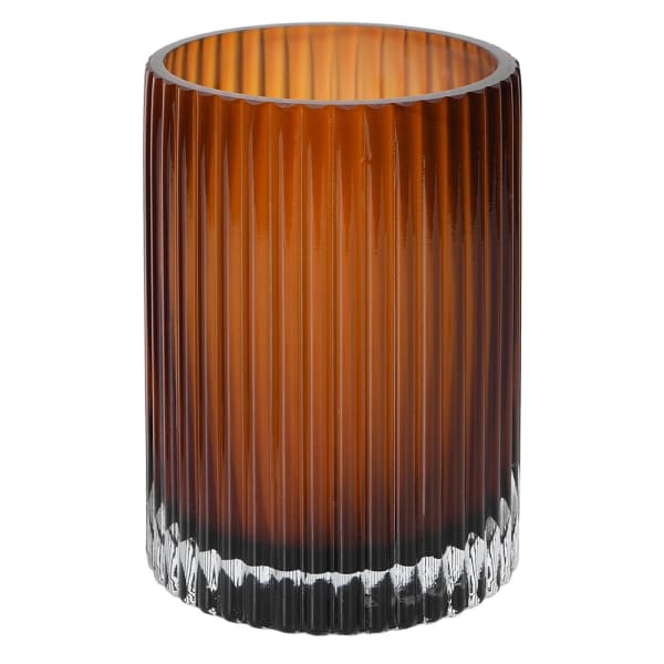 SHORT cylindrical ribbed amber ombre glass vase with clear base
