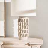 Close-up of Samsara Bouclé Table Lamp with sculptural ceramic base and textured shade