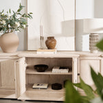 Modern Samsara Bouclé Table Lamp on console table in neutral living space