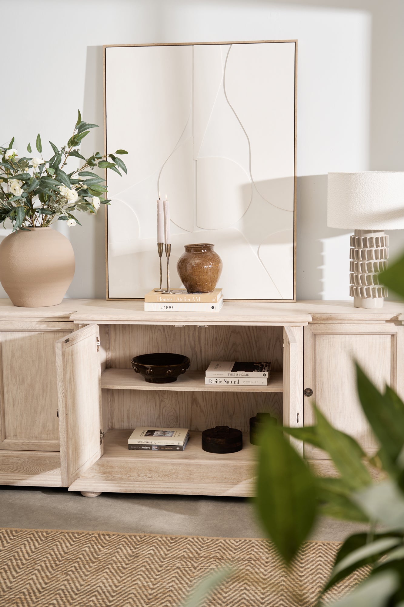 Modern Samsara Bouclé Table Lamp on console table in neutral living space