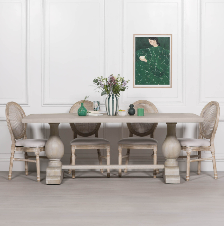 Blanche Mango Wood Dining Table with light grey rustic wash and hand-carved pedestal base