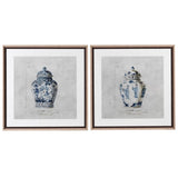 Two framed prints featuring artistic interpretations of chinoiserie pots, with predominantly white and blue colors and detailed floral and figurine designs.