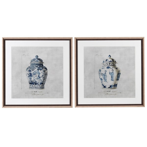 Two framed prints featuring artistic interpretations of chinoiserie pots, with predominantly white and blue colors and detailed floral and figurine designs.