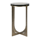 Side view of The Amelia bronze and glass round side table