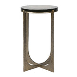 Side view of The Amelia bronze and glass round side table