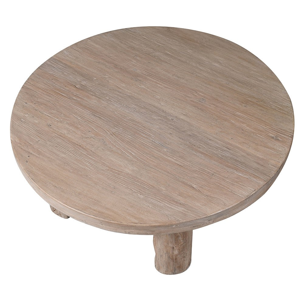 Top view of reclaimed elm wood round coffee table showing wood grain