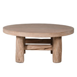 Straight-on view of rustic coffee table with thick legs and cross braces