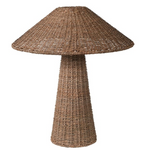 Close-up of Solara Rattan Table Lamp with handwoven wicker base and wide shade