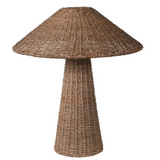 Close-up of Solara Rattan Table Lamp with handwoven wicker base and wide shade