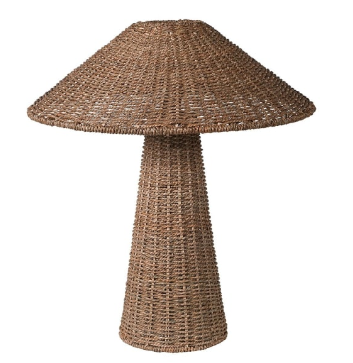 Close-up of Solara Rattan Table Lamp with handwoven wicker base and wide shade