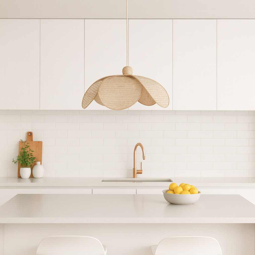 Modern kitchen with a rattan pendant light, white cabinets, and a bowl of lemons on the counter.