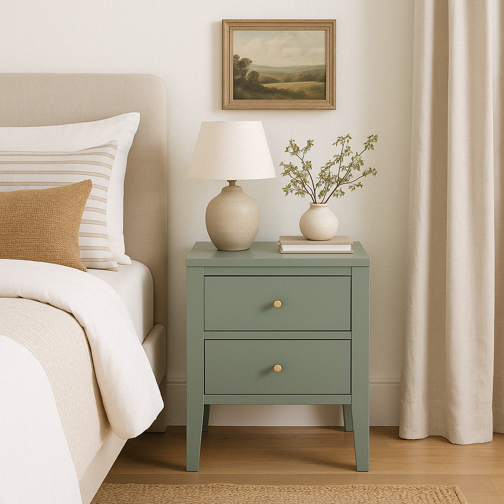 Meet our gorgeous Stockton two drawer Pigeon green bedside table featuring tapered legs, cut lines, wooden runners on drawers and brass style handles.
Dimensions:
H60cm W 40cm D 40cm