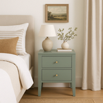 Meet our gorgeous Stockton two drawer Pigeon green bedside table featuring tapered legs, cut lines, wooden runners on drawers and brass style handles.
Dimensions:
H60cm W 40cm D 40cm