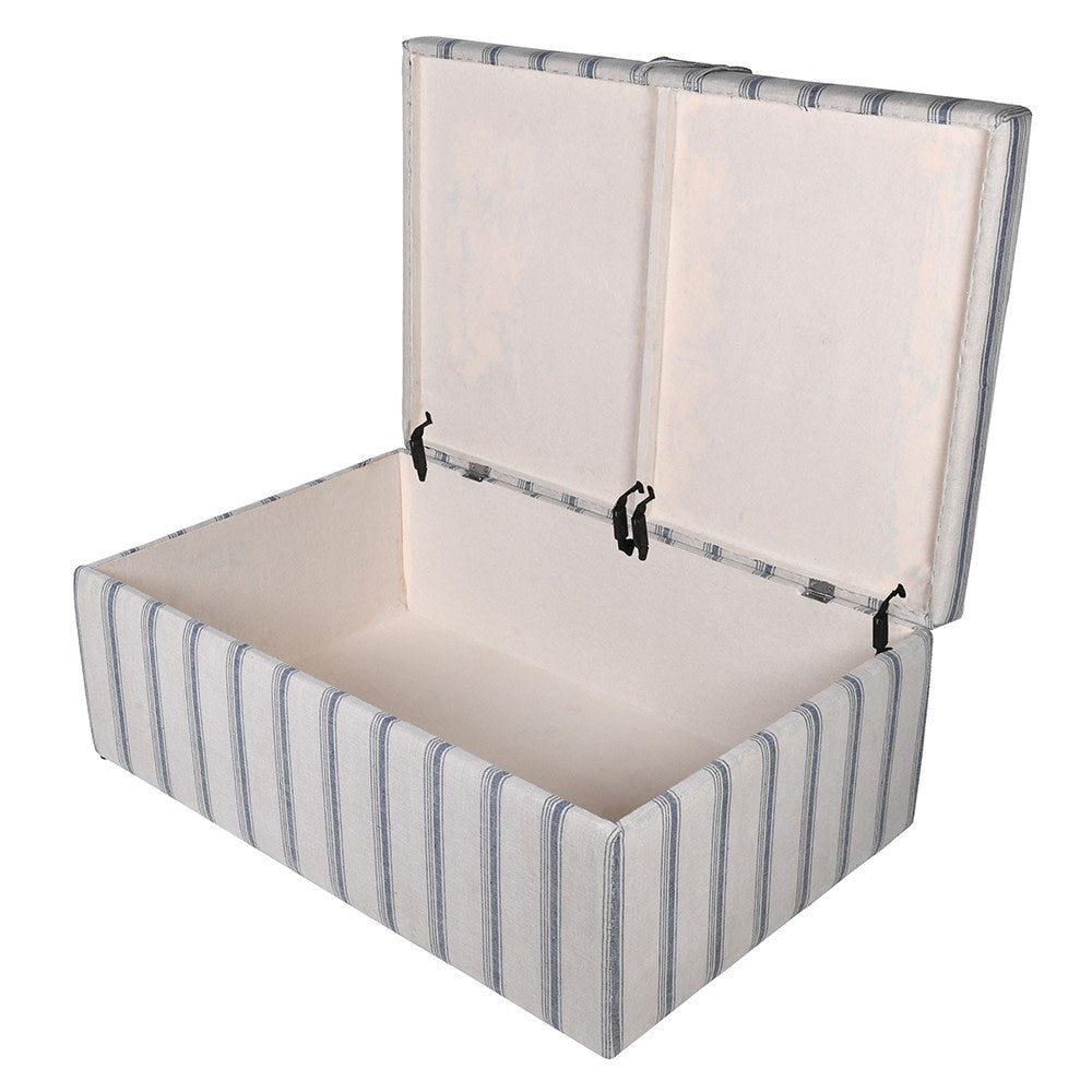Striped storage box with a white interior on a white background