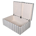 Striped storage box with a white interior on a white background