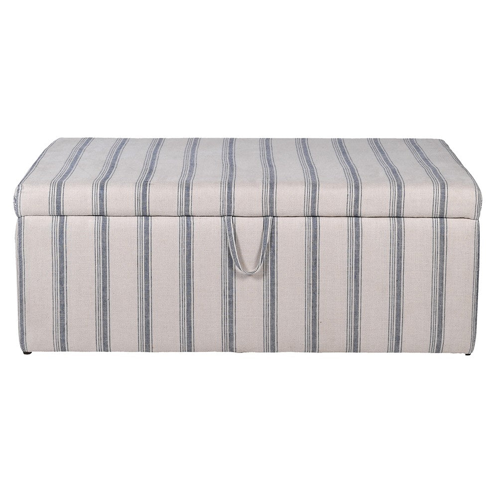 Striped storage ottoman on a white background
