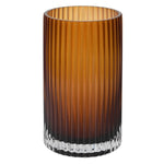 Tall cylindrical ribbed amber ombre glass vase with clear base