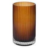 Tall cylindrical ribbed amber ombre glass vase with clear base