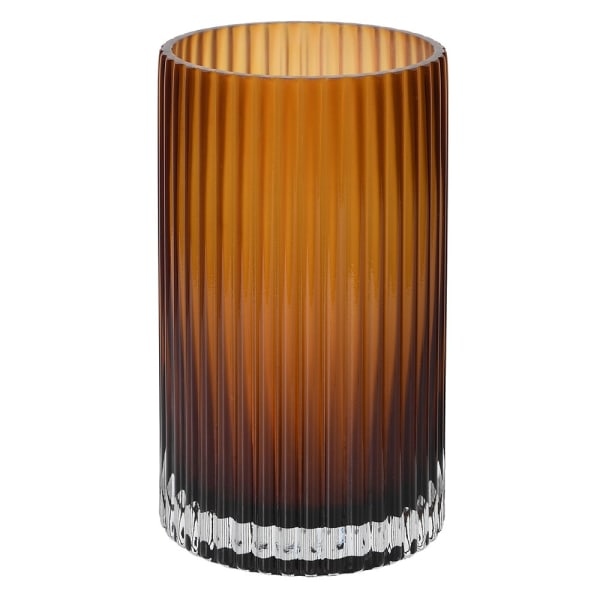Tall cylindrical ribbed amber ombre glass vase with clear base