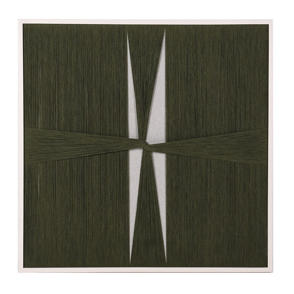 Framed geometric textile art featuring dark green threads creating symmetrical triangular gaps on neutral canvas.