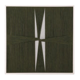 Framed geometric textile art featuring dark green threads creating symmetrical triangular gaps on neutral canvas.