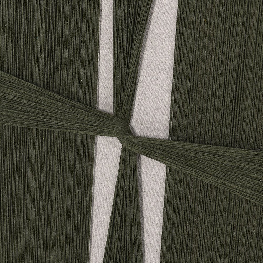 Close-up of intersecting dark green threads in abstract knot pattern on canvas background