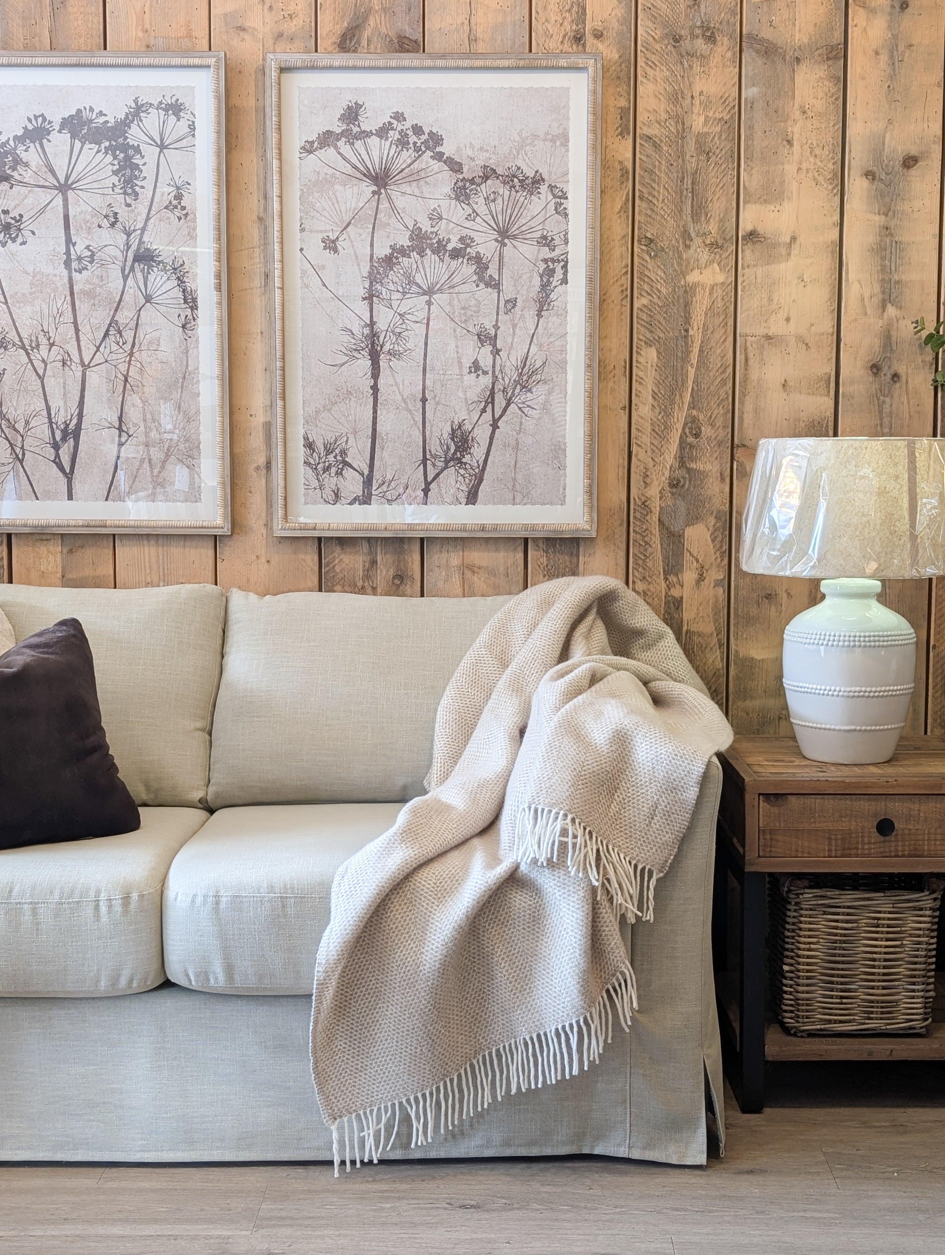 Cosy living room with beige sofa, throw blanket, framed artwork, and side table.