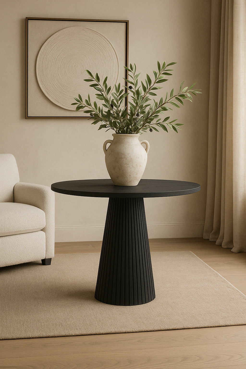 Elevate your interior with the Salisbury Ribbed Occasional Table, a timeless piece crafted from blackened oak and oak veneer. This sculptural table features a striking fluted pedestal base and a smooth round top, combining refined craftsmanship with bold modern design. The rich blackened finish highlights the natural grain of the wood, making it a versatile addition to both contemporary and traditional spaces.
Perfect as an accent table, entryway statement piece, or living room centerpiece, the Salisb