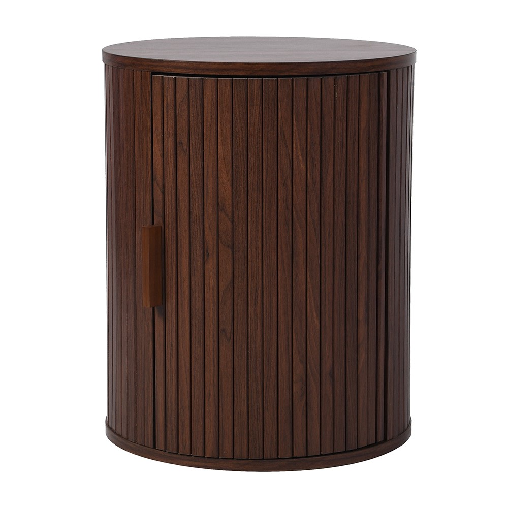 Walnut effect round bedside table showing inner storage shelves and curved door