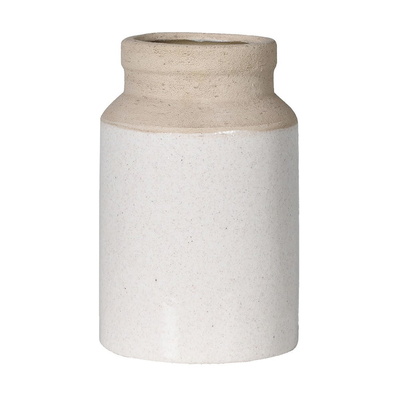 Wells two-tone ceramic vase with speckled glazed white body and raw sand-toned collar