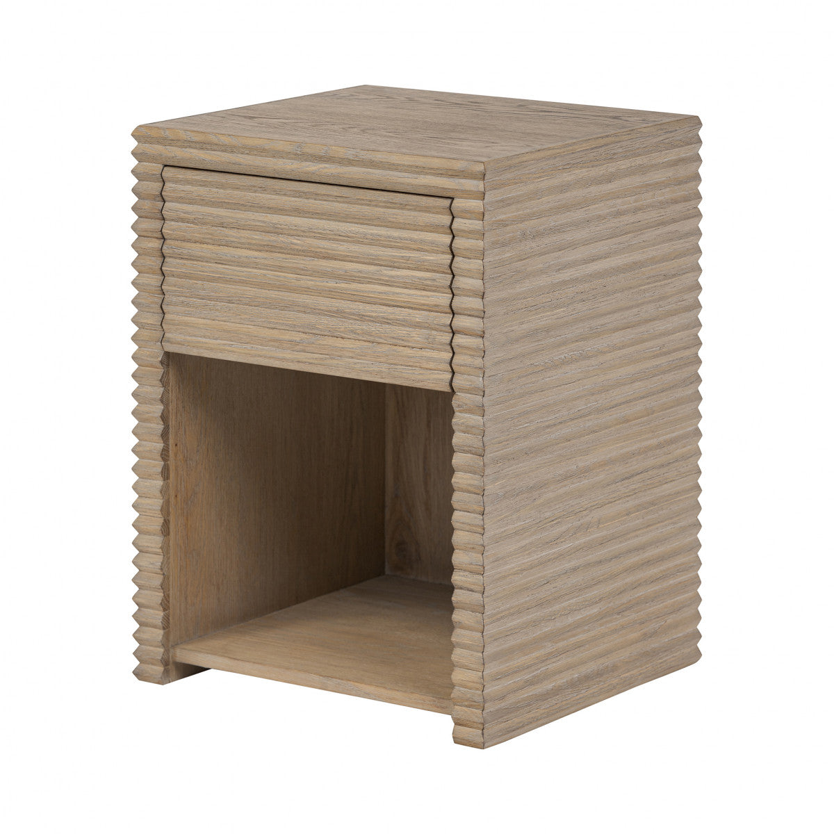 Modern Wooden Nightstand with Ribbed Drawer and Visible Grain